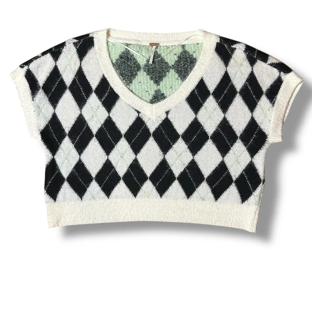 Free People SM Through The Motions Vest Cream Black Eyelash Knit V Neck Argyle